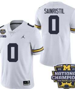 Men's Michigan Wolverines 0 Mike Sainristil White National Champions Jersey