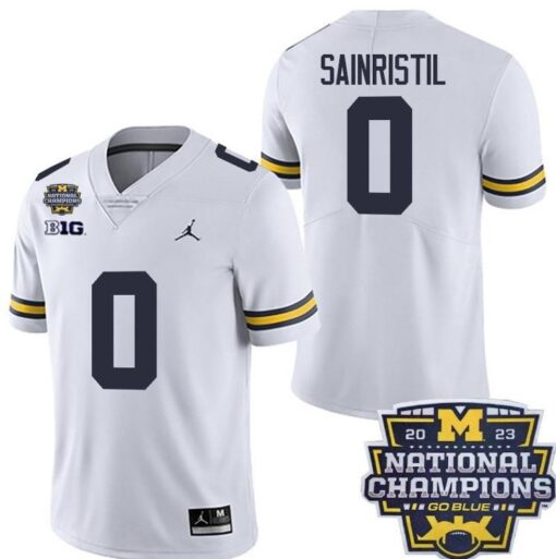 Men's Michigan Wolverines 0 Mike Sainristil White National Champions Jersey