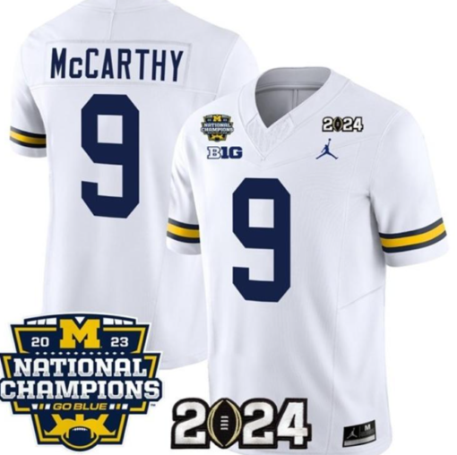 Men's Wolverines 9 J.J. McCarthy White 2024 With 2023 National Champions Jerseys